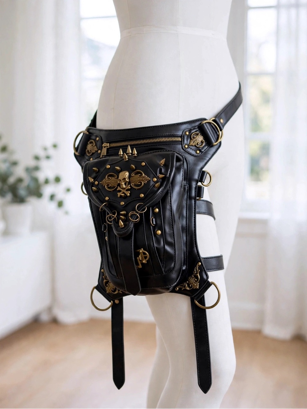 Steampunk Thigh Holster Bag Black Skull Spikes Drop Leg Purse Gothic